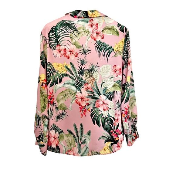 Zara Pink Lapel Tropical Rainforest Print Long Sleeve Blouse size Medium - Picture 3 of 9